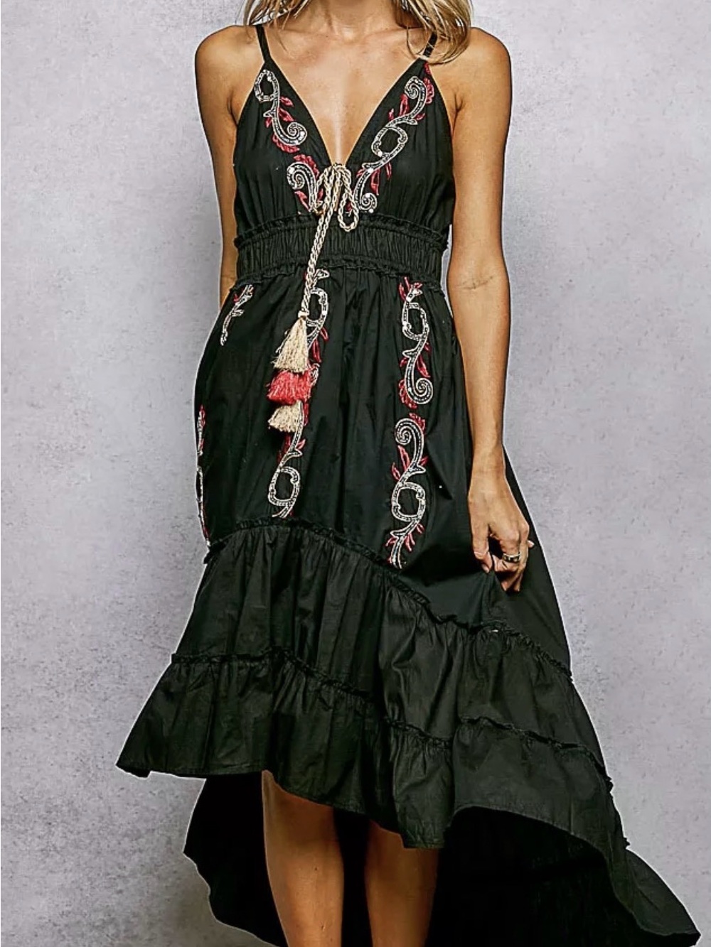 POL Embroidered Detail Tassel Tie Smocked Waist Midi Tierd Cami Dress L - Picture 6 of 6